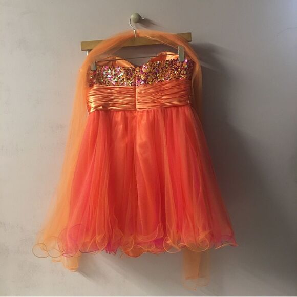 Unique Vintage Let’s Fashion Orange/Pink Sequin Sweetheart Bust Dress Size S EUC - Picture 2 of 11